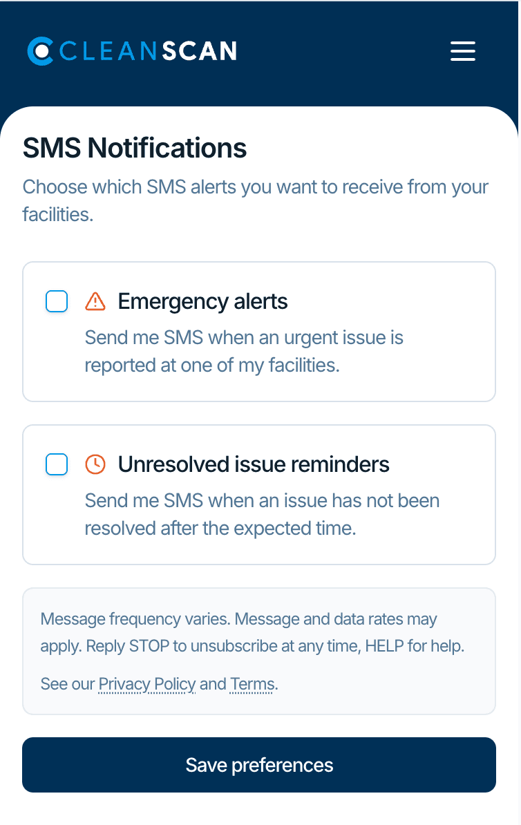 CleanScan PWA SMS Notifications preferences screen. Two unchecked-by-default checkboxes — Emergency alerts and Unresolved issue reminders — with their own descriptions, a disclosure block restating rates / STOP / HELP and linking to Privacy Policy and Terms, and a Save preferences button.