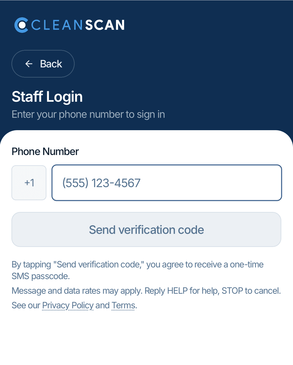 CleanScan PWA login screen showing the phone input, Send verification code button, A2P 10DLC consent disclosure (one-time passcode, rate notice, STOP/HELP keywords), and distinct Privacy Policy + Terms links.
