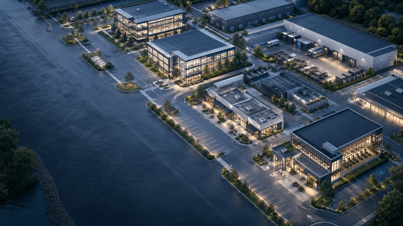Aerial view of multiple modern commercial facilities in one connected campus