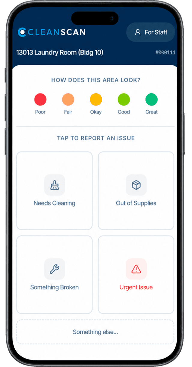 CleanScan scan screen showing a 1–5 'How does this area look?' rating (Poor to Great) and one-tap issue-report options